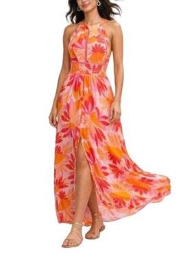ANTHRO Abel The Label 'Rumi' Floral Halter Maxi Dress Sz S Pink/Orange Boho